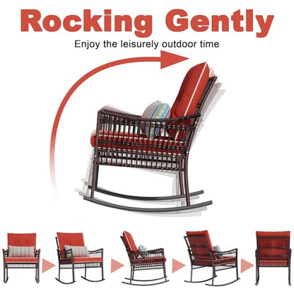 Outdoor Rocking Chairs 3 Pieces Patio Conversation Front Porch Furniture, Wicker Rocking Chairs Bistro Set with Coffee Table and Cushions for Garden and Balcony, Orange