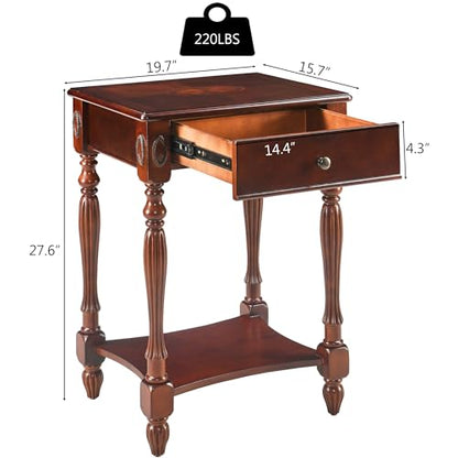 Solid Wood Side Table with Drawer and Storage Shelf, Traditional End Table, Narrow Telephone Nightstand, Carvings Elegant Vintage, for Living Room, Bedroom, Office Cherry Walnut GBJ1533WD