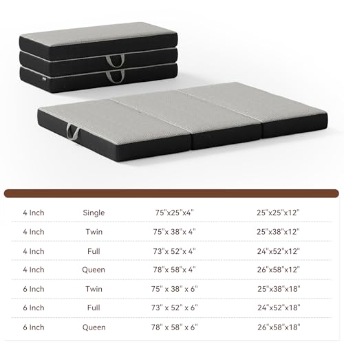 Memory Foam Trifold Mattress, 6 Inch Queen Foldable Mattress, Portable Floor Bed with Washable Cover, Handle & Non-Slip Bottom, for RV, Travel, Camping, Yoga, 78"x58"x6", Grey