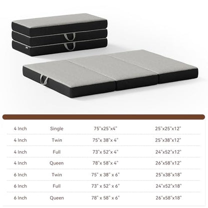 Memory Foam Trifold Mattress, 6 Inch Queen Foldable Mattress, Portable Floor Bed with Washable Cover, Handle & Non-Slip Bottom, for RV, Travel, Camping, Yoga, 78"x58"x6", Grey