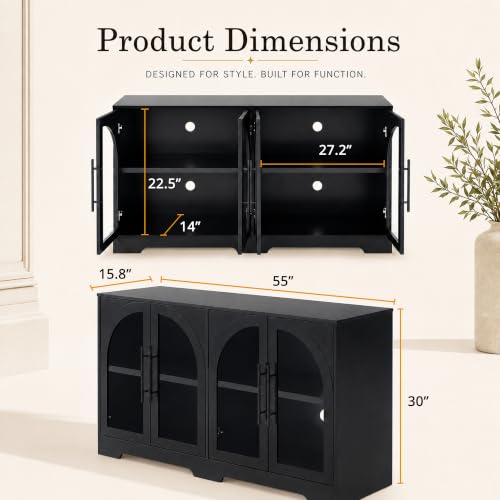 Sideboard Buffet Cabinet with Arched Glass Doors, Adjustable Shelves, view 4