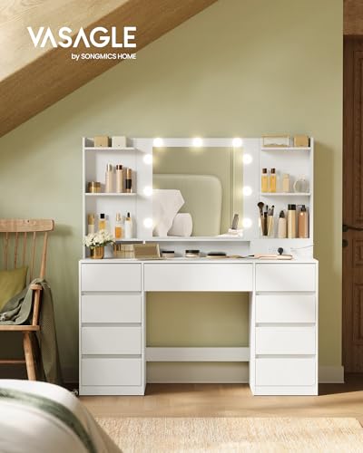 43.3-Inch Vanity Desk with Mirror and Lights, 9 Drawers, view 4