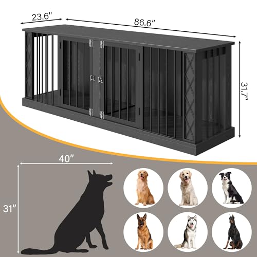 86.6" Wooden Double Dog Crate Furniture for 2 Large Dogs, Black, view 4