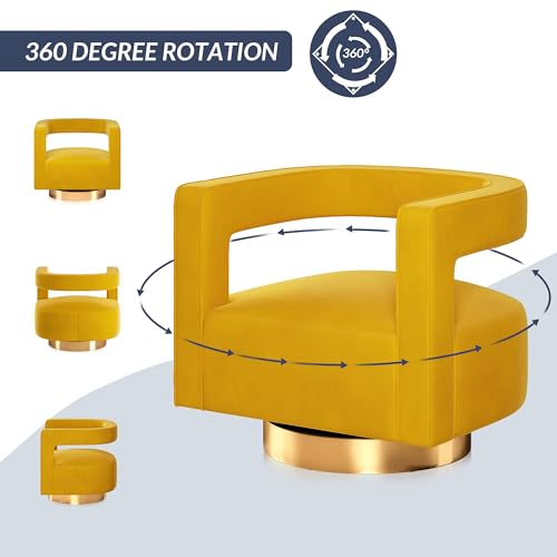 Swivel Barrel Accent Chair, Modern Upholstered Arm Comfy Velvet Curved Back Round Chair with Gold Base Wood Frame, 360 Degree for Living Room Bedroom Office,Yellow