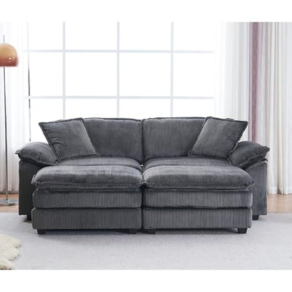 84.6” Corduroy Loveseat with Ottoman, Oversized Double Chaise Lounge Chair Indoor Deep Seat Two Seater Couch Cloud Couch Modular Sectional Sofa for Living Room(Corduroy Grey)
