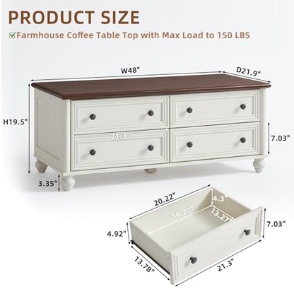 48" Farmhouse Coffee Table with Hidden Storage,Wooden Coffee Tables with 4 Drawers & Roman Column Handle,Rectangular Rustic Center Table with Solid Wood Curved Base for Living Room,Office,White