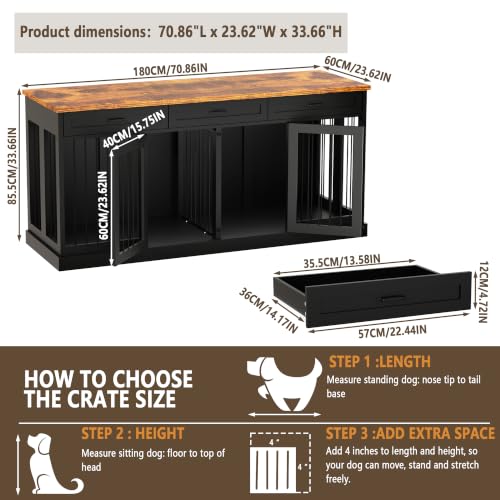 71" Double Dog Crate Furniture TV Stand with Removable Divider & 3 Drawers, view 3