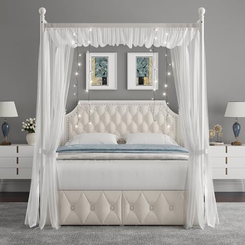Full Upholstered Canopy Bed Frame with 2 Storage Drawers & Button Tufted, view 4