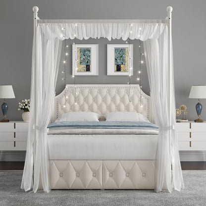 Full Upholstered Canopy Bed Frame with 2 Storage Drawers & Button Tufted, view 4