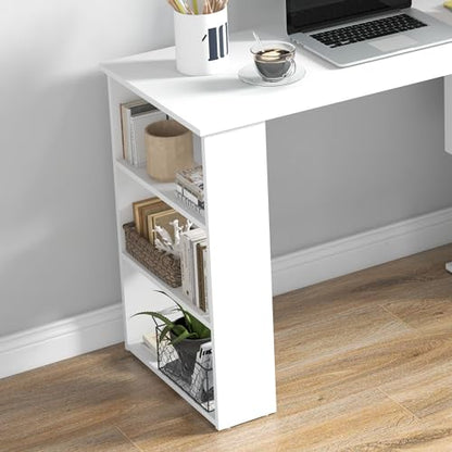 47 Inch L Shaped Desk, Corner Computer Desk, 360 Degree Rotating Home Office Desk with Storage Shelves, Writing Table Workstation, White