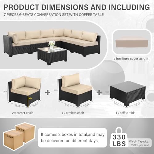 7 Pieces Outdoor Wicker Furniture Conversation Set Patio Sectional Sofa Set Glass Table with Non-Slip Cushions Furniture Cover, Khaki