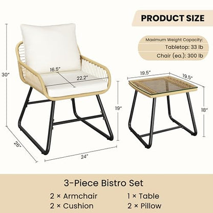 Yaheetech 3 Piece Patio Bistro Set, Outdoor Wicker Bistro Furniture Sets | 2 Rattan Chairs and Glass Top Table for Patio, Balcony, Porch, Poolside, Backyard, Tan/Cream