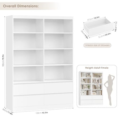71" White Bookshelf with Drawers, 6-Tier Double Wide Bookshelves and Bookcases with Storage, Tall Bookshelf Large Open Book Shelf Standing Book Case for Home Office, White