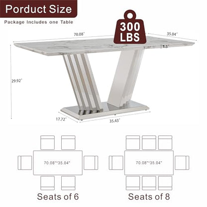 Marble Dining Table for 6 People, 70'' Rectangle Faux Marble Dining Table with Mirrored Stainless Steel Base, Large Size Marble Kitchen Table (Silver,White)(only Table)