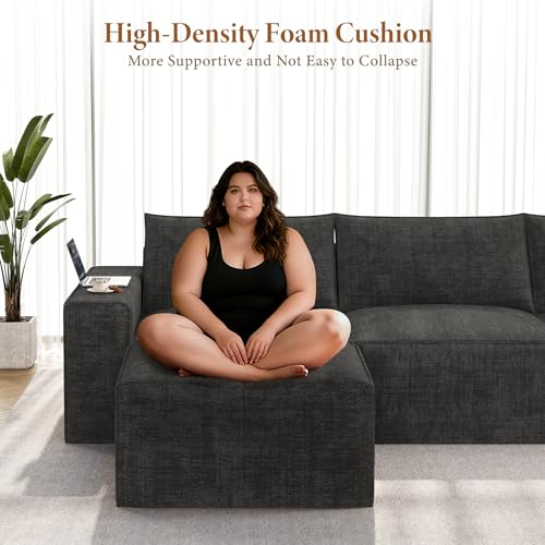 114" Modular Sectional Boneless Couch, Modern 3 Seater Sofa with Ottoman & Deep Seat, Convertible Chenille L Shaped Cloud Couches for Living Room, No Assembly Required, Black
