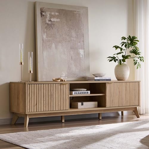 70" Mid Century Modern Fluted TV Stand w/ 2 Soft Close Door,Natural Oak | Entertainment Center, Sideboard, Media console for Living Room with Adjustable Shelves
