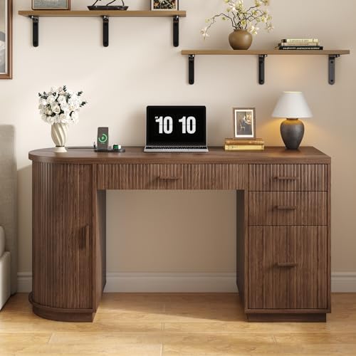 58 Inch Fluted Executive Desk with File Drawer, Walnut, view 6