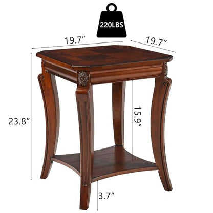 Set of 2 Solid Wood End Table for Living Room, 2-Tier Square Cherry Wood Nightstand, Mid Century Queen Anne Style Antique Side Table, 19.7" D x 19.7" W x 23.8" H, Cherry Walnut CJZ-A1168-WD
