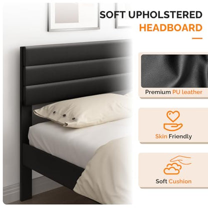 Upholstered Bed Frame Queen, Faux Leather Platform Bed with Adjustable Headboard, view 4