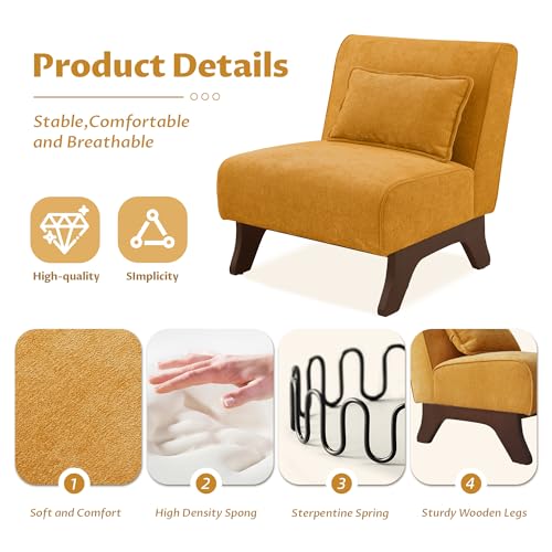 Armless Accent Chairs Set of 2,Modern Comfy Upholstered Living Room Chairs with Wooden Legs& Pillows,Lounge Sofa Side Chair for Bedroom Farmhouse Reading (2PCS, Yellow)