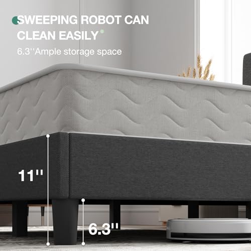 Linen Upholstered King Bed Frame with Wood Slats and Grey Feet, view 5