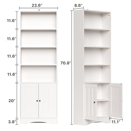 Bookshelves and Bookcases with Doors, 6-Shelf Bookcase, Floor Standing Display Storage Shelves, 71” Tall Bookcase, with Adjustable Shelves, for Home, Office, Living Room, White