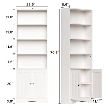 Bookshelves and Bookcases with Doors, 6-Shelf Bookcase, Floor Standing Display Storage Shelves, 71” Tall Bookcase, with Adjustable Shelves, for Home, Office, Living Room, White