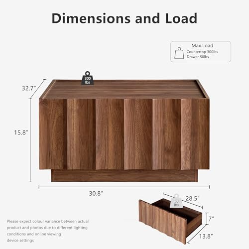 Square Coffee Table with Storage, Mid Century Modern Coffee Table with Wave Design, Wood Grain Finish, Minimalist Center Table with Top-Edge Finger Pull Design for Living Room, Office, Walnut