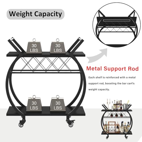 Black Wine Cart with Wheels, Modern Bar Cart with Wine Rack, Industrial Beverage Rolling Kitchen Serving Cart with Storage, Metal Wooden Microwave Drink Liquor Cart for Home Dining Room, Black Oak