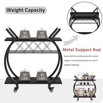 Black Wine Cart with Wheels, Modern Bar Cart with Wine Rack, Industrial Beverage Rolling Kitchen Serving Cart with Storage, Metal Wooden Microwave Drink Liquor Cart for Home Dining Room, Black Oak