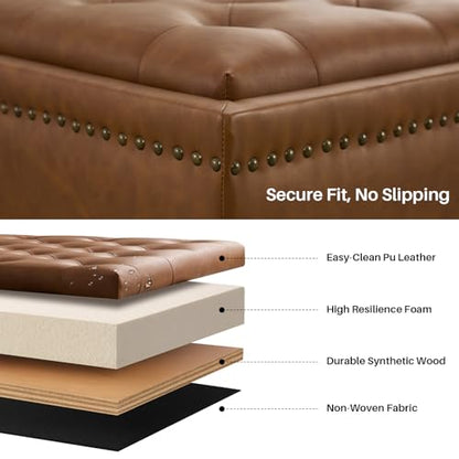 Storage Ottoman Coffee Table, Large Ottoman with Storage Oversized Square Footstool with Anti-Slip Embedded Lid, Tufted Upholstered Ottomans for Living Room, Brown Faux Leather