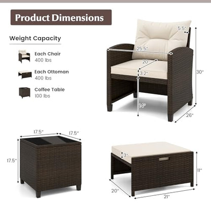 5 Pieces Patio Conversation Set, PE Wicker Outdoor Furniture Set with 2 Chairs, 2 Ottomans & Tempered Glass Coffee Table, Ideal for Poolside, Backyard, Lawn, Deck, Mix Brown & Off White
