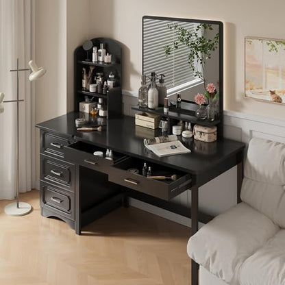 39.4" Small Desk with Wood Drawers, Home Office Computer Desk with Wooden Legs, Study Writing Table Vanity Desk for Small Spaces - Black