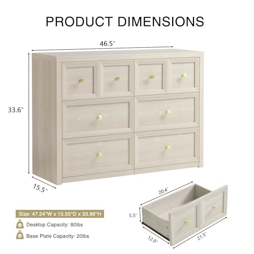 3 Piece Bedroom Set - Includes 6 Drawer Dresser and 3 Drawer King Size Nightstands Set of 2 with Charging Station, 3 Piece Farmhouse Dresser and Nightstand Sets,Grey White