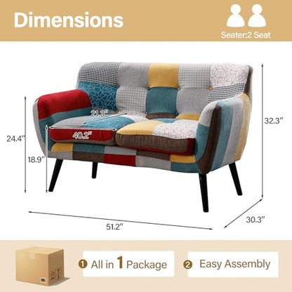 Modern Boho Loveseat Couch Sofa Chair for Living Room Bedroom, Upholstered Colorful Plaid Fabric 2-Seat Love Seat Sofa with Wood Leg for Small Space, One Loveseat