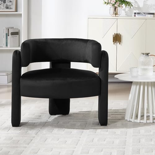 Barrel Accent Chair, Mid Century Modern Upholstered Living Room Chairs with Wooden Legs, Comfy Velvet Reading Arm Chair for Bedroom, Makeup Room, Black