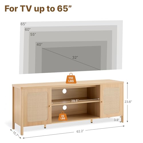 Rattan TV Stand for TVs up to 75'' Boho Entertainment Center with Adjustable Shelf Television Stand with 2 Storage Cabinets Media Console Wooden TV Cabinet for Living Room Bedroom,Natural Oak