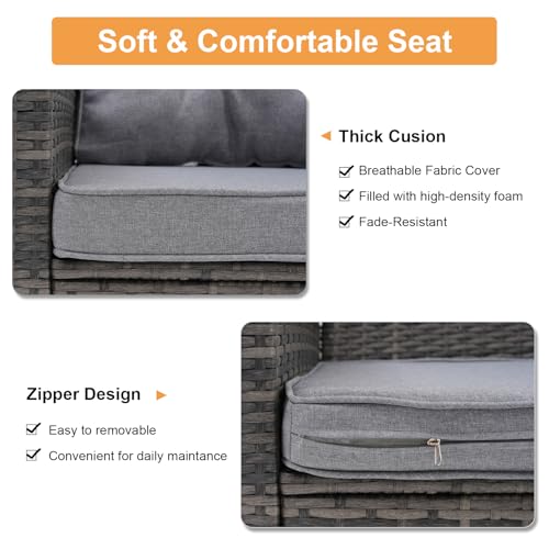 8 Pieces Outdoor Patio Furniture Set with 45” Fire Pit Table, Rattan Patio Conversation Sets with 50000 BTU Gas Fire Pit, Wicker Sectional Sofa Set with Storage Box, Gray (Without Table)