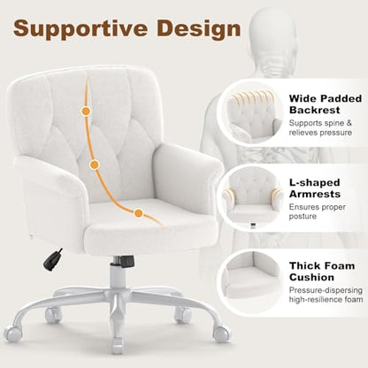 Comfy Home Office Desk Chair, Upholstered Fuzzy Vanity Chair with Wheels and Arms, Modern Adjustable Swivel Computer Seat for Make Up, Home Office, Living Room, Bedroom, Teddy Fleece, White