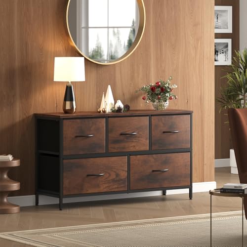 5 Drawer Dresser for Bedroom, Closet Chest Organizer Furniture, TV Stand for Living Room Hallway, Wide Fabric Storage Tower with Wooden Top and Metal Frame, Brown