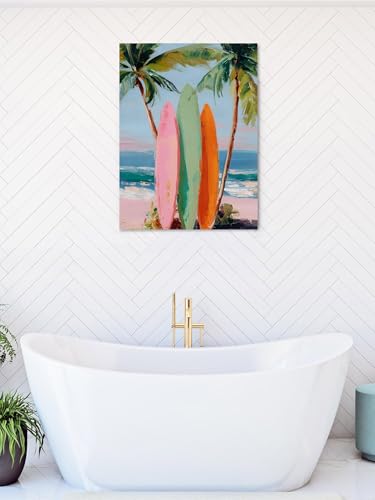 NuYeBiofx Watercolor Tropical Beach Scene Canvas Wall Art Prints,40"x28" Framed Picture Artwork Summer Coconut Tree Surfboard Printed Canvas Oil Painting for Living Room Bedroom Office,Ready to Hang