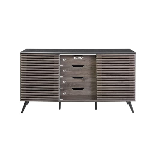 Modern 4 Drawer Sliding Door Wood Cabinet Buffet Entryway Serving Storage Cabinet Doors Dining Room Console, 59 Inch, Black and Slate Grey