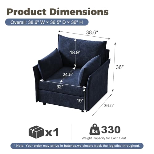 Blue Oversized Accent Chair with Removable & Washable Chenille Cover, Modern Mid-Century Upholstered Armchair, Deep Seat Comfy Reading Chair for Living Room, Pet & Kid Friendly