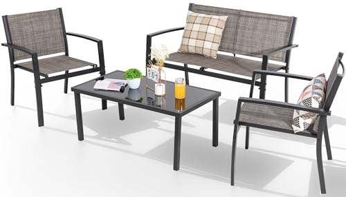 4 Pieces Patio Furniture Set All Weather Textile Fabric Outdoor Conversation Set, with Glass Coffee Table, Loveseat, 2 Single Chairs for Home, Garden, Lawn, Porch（Light Brown）