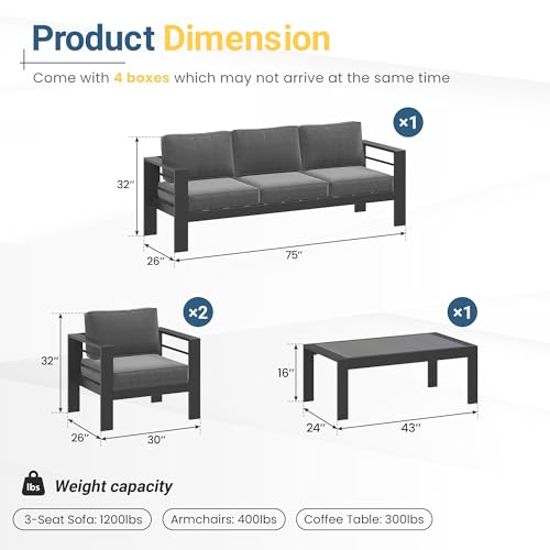 Aluminum Outdoor Patio Furniture Set, Oversized Patio Conversation Sets with Deep Seating and Wide Armrest, Outdoor Sectional Metal Sofa with 5 Inch Cushion and Coffee Table, Dark Grey