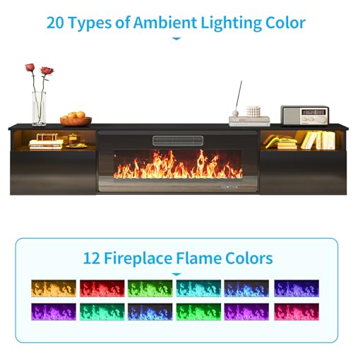 70" Floating TV Stand with 36" Electric Fireplace Heater, Black, view 5