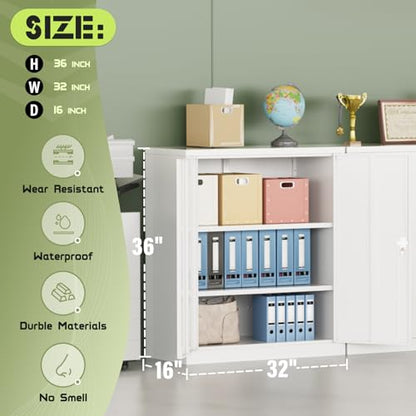 36” Metal Storage Cabinet, Locking Steel Storage Cabinet with 2 Doors and 2 Adjustable Shelves, Small Lockable Tool Storages Cabinet for Garage, Home, Office (White)