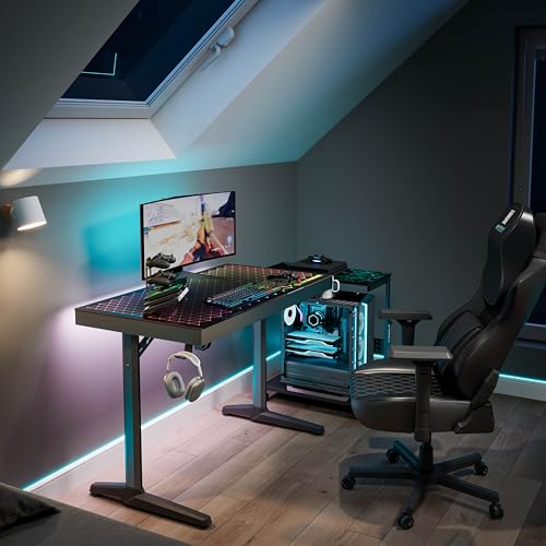 Gaming Desk, 43 Inch Computer Desk with RGB LED Glass Top, view 5