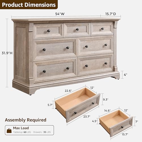 Farmhouse 7 Drawers Dresser for Bedroom, 54" Wide Wood Rustic Chest of Drawers w/Roman Column, Wooden Storage Dressers Organizer for Bedroom, Living Room, Light Rustic Oak