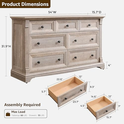 Farmhouse 7 Drawers Dresser for Bedroom, 54" Wide Wood Rustic Chest of Drawers w/Roman Column, Wooden Storage Dressers Organizer for Bedroom, Living Room, Light Rustic Oak